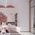 Cozy Kids Room Interior With Pink Bed Arched Decor Stuffed Toys And Bookshelves