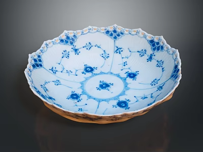 Elegant Porcelain Plate With Intricate Blue And White Carved Floral Sculptural Design 3d model