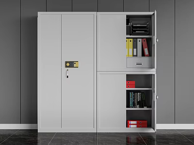 Gray Lockable Storage Cabinet With Internal Files Folders And Organized Shelves For Office Use 3d model