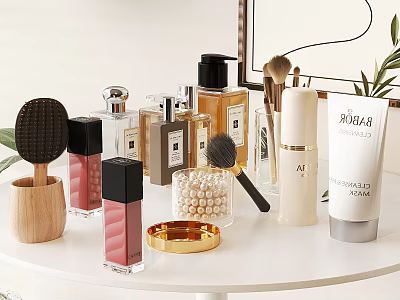 Perfumes And Cosmetics Display With Various Perfume Bottles Lipsticks Makeup Brushes And Moisturizer On White Table 3d model