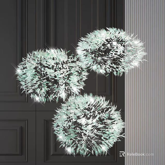 Three Fluffy Crystal Chandeliers Hanging Against Dark Wall Modern Elegant Lighting 3d model 