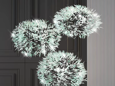 Three Fluffy Crystal Chandeliers Hanging Against Dark Wall Modern Elegant Lighting 3d model
