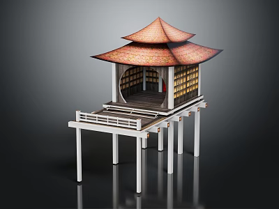 Traditional Asian Pavilion Featuring Two Tiered Red Tile Roof And White Support Pillars 3d model
