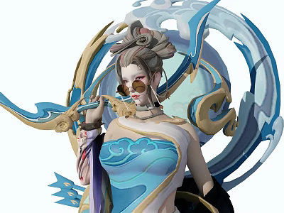 Game And Movie Character Female With High Bun Hair Golden Glasses Blue Cloud Pattern Costume 3d model