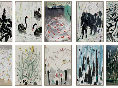 Collection of Traditional Ink Paintings with Animals Plants and Natural Scenes 3d model