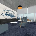 Modern Hotel Public Lounge With Black Sofa Chairs Pendant Lights And City View
