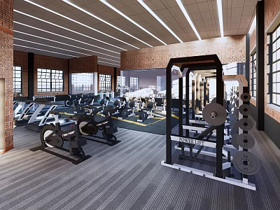 Modern Industrial Style Fitness Gym Interior With Treadmills Dumbbells Barbell Rack And Large Windows 3d model