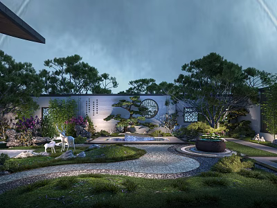 Traditional Chinese Garden Landscape With Lush Greenery Pine Trees Circular Window And Pebble Pathway 3d model