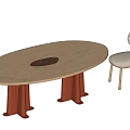 Oval Wooden Dining Table With Round Center Inlay And Four Light Upholstered Chairs