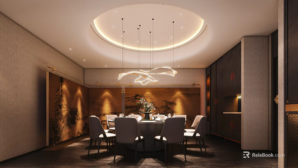 Elegant Private Dining Room Interior Design With Round Table White Chairs And Modern Chandelier 3d model 