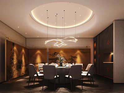 Elegant Private Dining Room Interior Design With Round Table White Chairs And Modern Chandelier 3d model