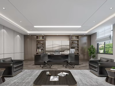 Modern Office Interior With Wooden Bookshelves Leather Sofas Desk Chairs Gray Carpet And Green Plant 3d model
