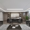 Modern Office Interior With Wooden Bookshelves Leather Sofas Desk Chairs Gray Carpet And Green Plant
