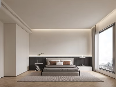 Elegant Modern Bedroom Interior Design With Comfortable Bed Wardrobe Nightstand Window And Lighting 3d model