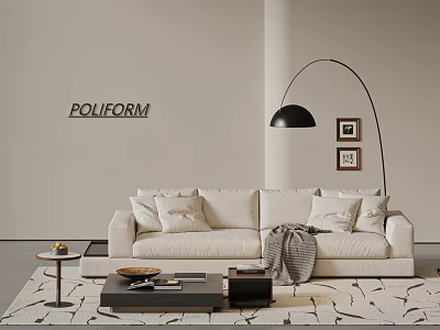 POLIFORM Beige Two Seater Sofa With Pillows Throw Blanket Floor Lamp And Rug 3d model