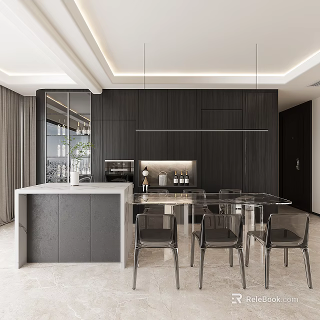 Modern Living and Dining Room Interior With Dark Cabinets Open Concept Bar Counter And Dining Table 3d model 