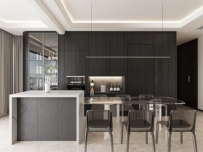 Modern Living and Dining Room Interior With Dark Cabinets Open Concept Bar Counter And Dining Table 3d model