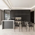 Modern Living and Dining Room Interior With Dark Cabinets Open Concept Bar Counter And Dining Table