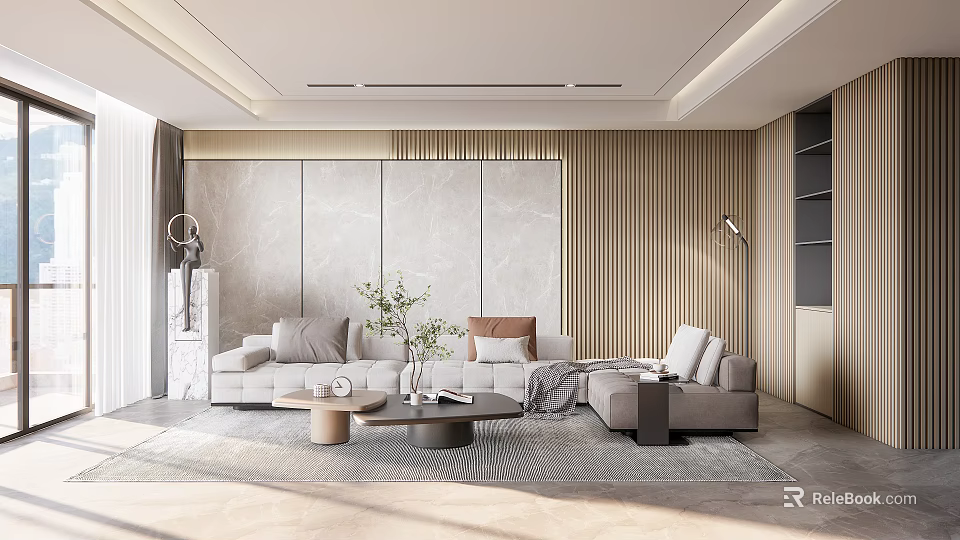 Modern Living Room with Gray Wall Design Beige Sofa Coffee Table and Natural Light 3d model 