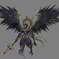 Fantasy Mythical Warrior Character Design With Black Wings Golden Ornaments Purple Armor And Spear