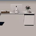 Modern Office Desk With Computer Monitor Flower Vase And Drawer Cabinet Design