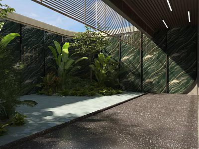 Modern Garden Landscape With Lush Green Plants Marble Wall And Shaded Canopy 3d model