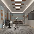 Music Room Interior With Checkered Ceiling Wall Panels Saxophone Music Stand Speakers