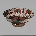 Decorative Household Bowl With Red And Black Floral Patterns Scalloped Edge And Copper Base