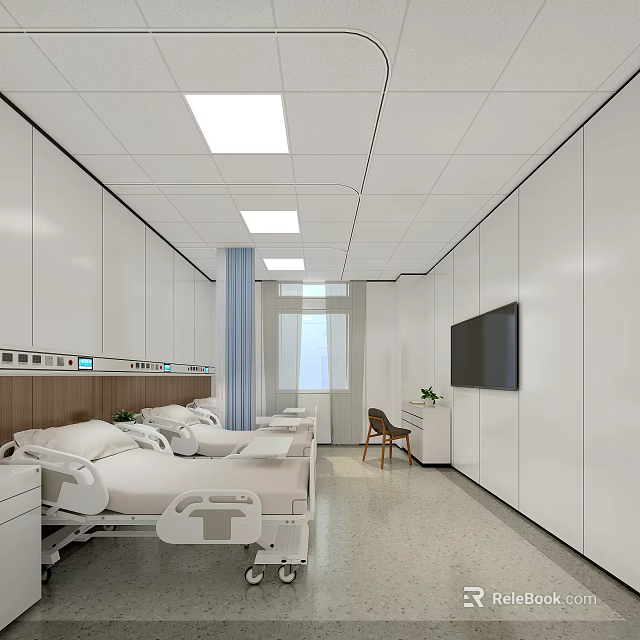 Modern Hospital Ward Interior With Medical Beds White Cabinets Window And TV Screen 3d model 