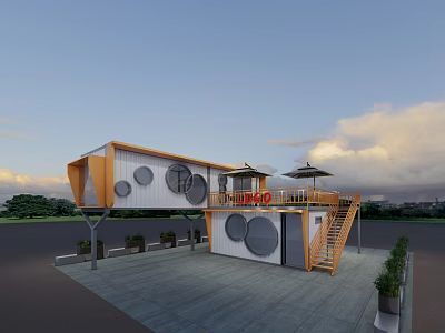Container Converted Milk Tea Shop With Orange White Exterior Circular Windows And Second Floor Umbrellas 3d model