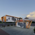 Container Converted Milk Tea Shop With Orange White Exterior Circular Windows And Second Floor Umbrellas