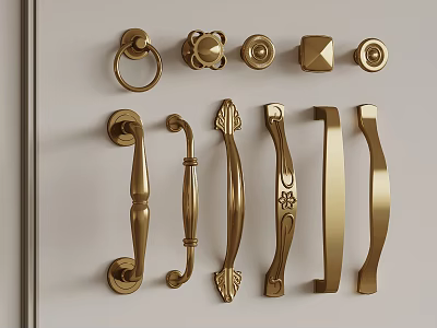 Golden Furniture Handles With Various Decorative Designs For Cabinets And Drawers 3d model