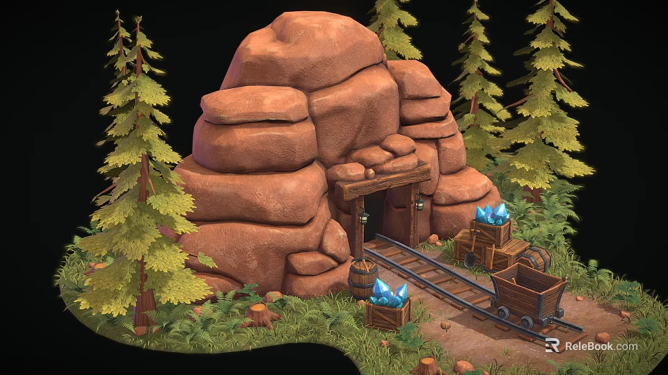 Rocky Mine Entrance Scene with Rail Tracks Mine Cart Blue Flame Torches and Pine Trees 3d model 