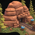 Rocky Mine Entrance Scene with Rail Tracks Mine Cart Blue Flame Torches and Pine Trees