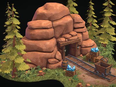 Rocky Mine Entrance Scene with Rail Tracks Mine Cart Blue Flame Torches and Pine Trees 3d model