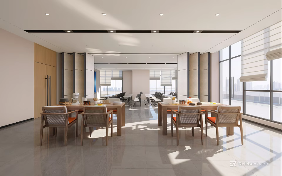 Modern Restaurant Open Layout With Bright Space Large Windows Dining Tables And Chairs 3d model 