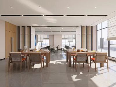 Modern Restaurant Open Layout With Bright Space Large Windows Dining Tables And Chairs 3d model