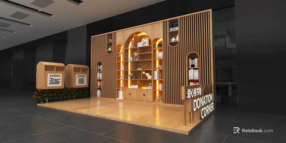Wooden Bookcase Display Shelves in Donation Corner with Decorative Items and Warm Lighting 3d model 