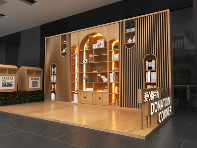 Wooden Bookcase Display Shelves in Donation Corner with Decorative Items and Warm Lighting 3d model