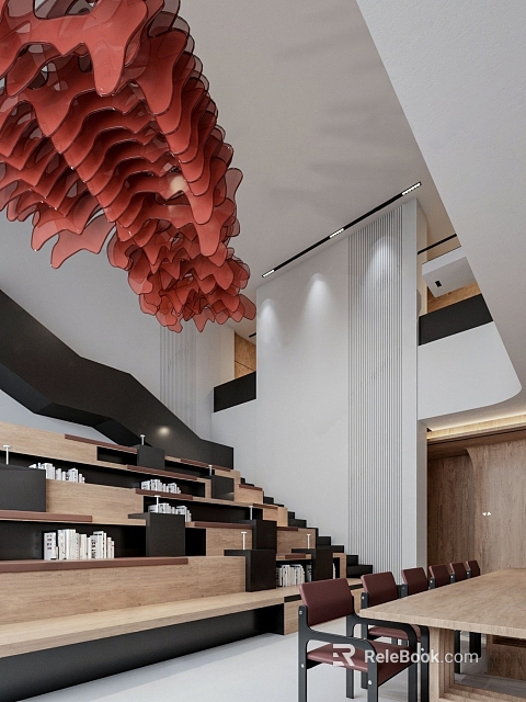 Book Art Modern Staircase Bookshelves with Books Red Chandelier White Walls Black Railing Wooden Elements 3d model 