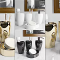 Modern Bathroom Essentials Set With White Blue Black Gold Soap Dispensers And Dishes