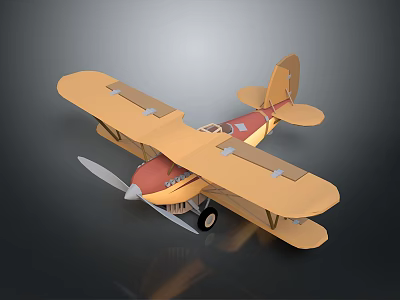 Vintage Yellow And Red Biplane Model With Detailed Propeller And Wings 3d model