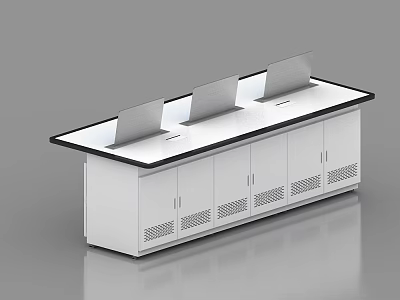 Modern Control Room Console with Multiple Monitor Screens and White Cabinets 3d model