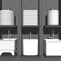 Three Modern Bathroom Fixtures With White Basins Black Shelves And Faucets