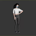 Child With Black Ponytail Wearing Mask White Top Black Leggings Blue Sneakers Gray Background