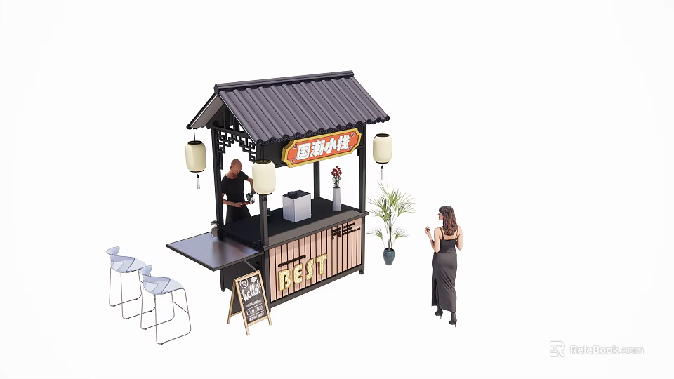 Chinese Style Spicy Snack Stall With Lanterns Wooden Structure And High Chairs 3d model 