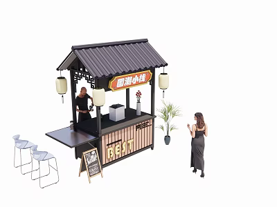 Chinese Style Spicy Snack Stall With Lanterns Wooden Structure And High Chairs 3d model