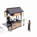 Chinese Style Spicy Snack Stall With Lanterns Wooden Structure And High Chairs