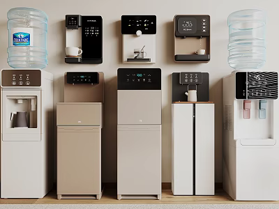 Automatic Water Dispensers With Various Styles And Water Bottles For Home Office Use 3d model