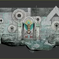 Ancient Scene With Stone Walls Circular Ornaments Water Pool And Central Structure